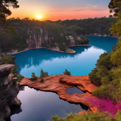 Prompt: a vast cliff with a waterfall falling off the end, opening up into a beautiful blue pond, flanked by a clearing on all sides, with deer and birds everywhere and small fish swimming in the pond as the sun sets, dying the sky with rose gold and orange as the clouds shift around and night falls over the pine forest around the clearing