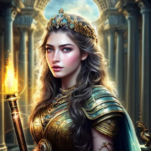 Prompt: HD 4k 3D 8k professional modeling photo hyper realistic beautiful warrior woman ethereal greek goddess of reason, wisdom, intelligence, skill, peace, warfare, battle strategy, and handicrafts.
brunette hair grey eyes gorgeous face fair skin olive green shimmering dress full body surrounded by magical heroic glowing light hd landscape background of enchanting athenian library artwork weapons owls candles