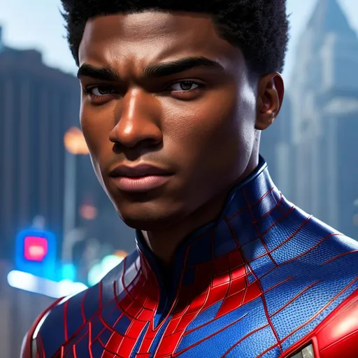 Prompt: High resolution hyperrealistic dynamic image of young avenger eli-bradley merged with miles-morales, symmetrical detailed photorealistic face, red and white and blue costume highly detailed, cinematic, uhd, hdr, 64k