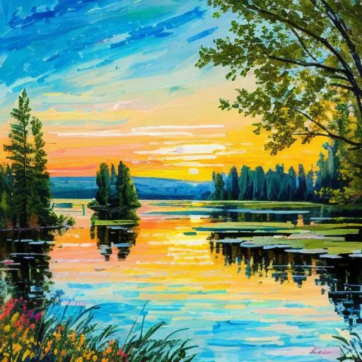 Prompt: Michigan, landscape, sunset, pond,  James gurney, in Gouache Style, Museum Epic Impressionist Maximalist Masterpiece, Thick Brush Strokes, Impasto Gouache, thick layers of gouache  textured on Canvas, 8k Resolution, Matte Painting"