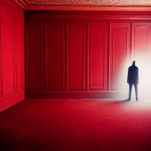 Prompt: Moody ghost stands in a red room