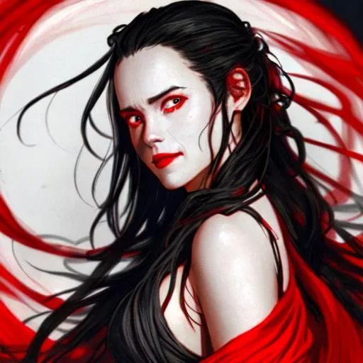Prompt: rey from star wars {female character}, back to audience, longshot, flowing black hair + flowing white robes + intense red glow , {{back to camera}}, hyperrealistic, dark fantasy, soft light, concept art, zoom in, over shoulder, luis royo, red lips, smiling