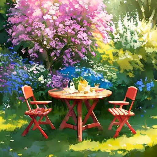 Prompt: a beautiful residential backyard area with surrounded by colorful floral arrangements, in the center is a sturdy wooden picnic table, red table cloth, and two wooden table chair with blue backing, five uhd butterflies flitter around the table, two uhd colorful birds rest on the chairs, as painted by asher brown, durand and darek zabrocki, volumetric lighting, god rays, masterpiece, trending on artstation