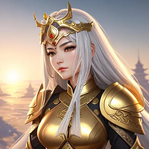 Prompt: a woman in armor with gold and silver armor, guildwar artwork, detailed feminine face, xianxia hero, full figure poster, beautiful android woman, global light, high detailed cartoon, xiaoguang sun, wearing crown, by Fenghua Zhong, dating app icon, golden pillars, freya