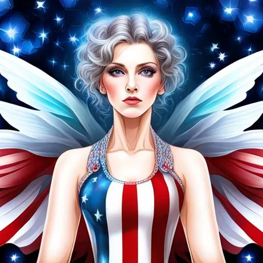 Prompt: fairy goddess of the 4th of July u,s, patriotic, dreamscape, vivid colors of red, fwhite and blue ,closeup