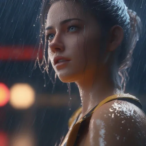 Prompt:  girl,rain, Close-up rearview fullbody shot, perfect body, (erotic queen, beautiful body, looking away, utopian, highly detailed, octane render, cinematic, highly detailed, vibrant, production cinematic character render, ultra high quality model, 8k Ultra HD, (small breast), full body visible, Lipgloss