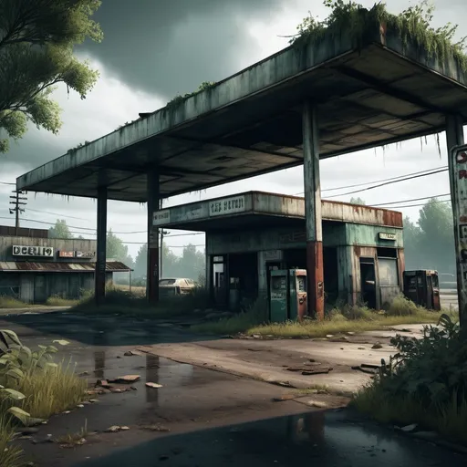 Prompt: Post-apocalyptic abandoned gas station with shop, abandoned desolated rusty truck, overgrown with nature, desolate road, gritty and weathered textures, decaying structures, intense and moody atmosphere, high quality, last of us video game style, dark and somber tones, dramatic lighting, detailed vegetation, hauntingly beautiful, atmospheric, intense and eerie ambiance seen from distance