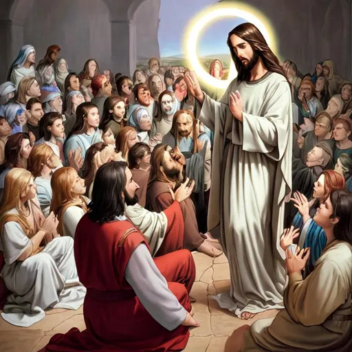 Prompt: Jesus with halo teaching people