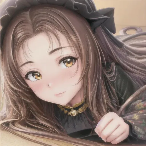 Prompt: oil painting, UHD, hd , 8k,  anime, hyper realism, Very detailed, zoomed out view, clear visible face, full character in view, clear visible face, cute cat girl character with long brown hair, wears a black
 dress,