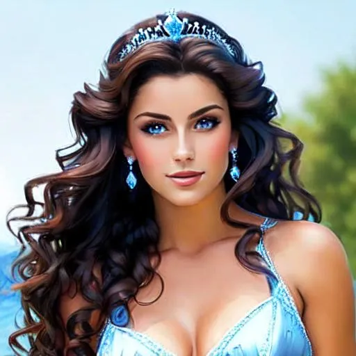 Prompt: Beautiful princess dressed in blue, wearing a tiara, long, brown,  very curly hair, dark brown eyes