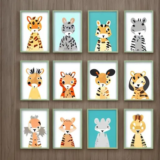 Prompt: ANIMAL SET of 8 prints for children's room decor. Wall decor for kids. Animal prints for kids room and toddlers 
animals themed room
