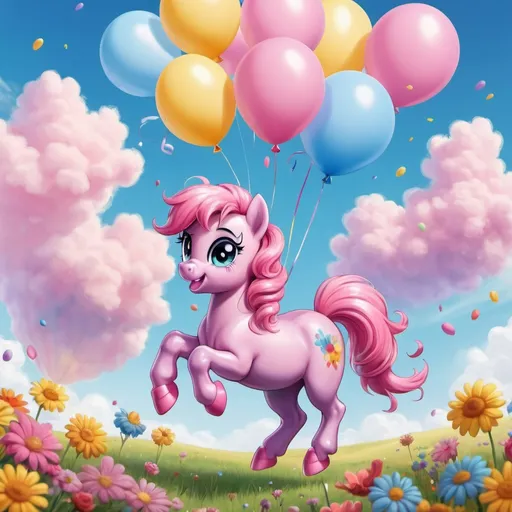 Prompt: Little Pony Disney version, balloons in the hands, emotional happy, jumping, above Little Pony is sunny blu sky with fluffy pink clouds, Happy Birthday Amina is on the clouds, the ground covered with colorful flowers