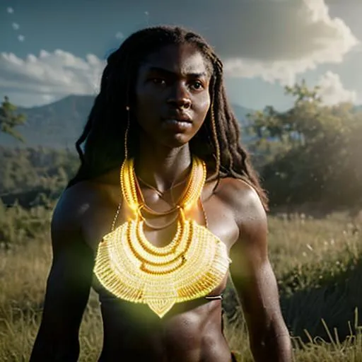 Prompt: (Hyperrealistic highly detailed full body of an ebonian sun priest woman purifying a cursed land)
Epic, magic, visual effect. Beautiful, determined, golden necklace, white translucent silk, holy light. Sun. Shadows.