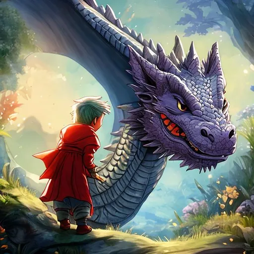 Prompt: A Tale of dragon children boy dog