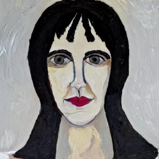 Prompt: impressionist portrait painting of black haired 35 year old  white 
woman with slightly up turned hooded hazel eyes and  small pointy nose, dark eyebrows with an arch on the right brow, greying hair with most of the gray on top and the under hair is dark brown, mid height cheek bones, full bottom lip with a smaller upper lip, round face,  eye are symmetrical, birth mark  that is finger print size on the right side of chin