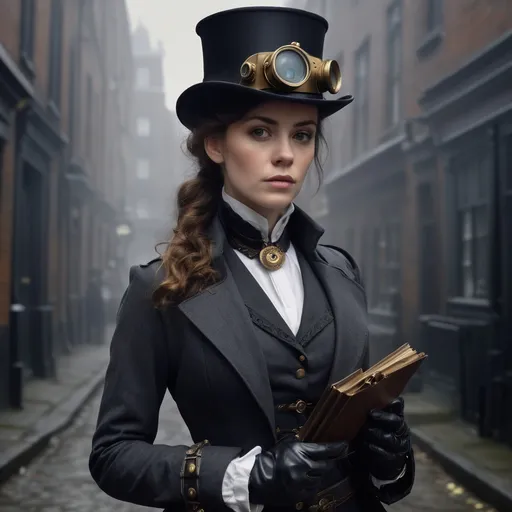 Prompt: "Photorealistic Victorian woman in practical investigation attire, modified riding habit with weapon holsters, steampunk camera with supernatural detection lenses, brass knuckles, notebook with coded entries, determined expression, foggy London alleyway with mysterious figures --ar 3:4 --s 1000"