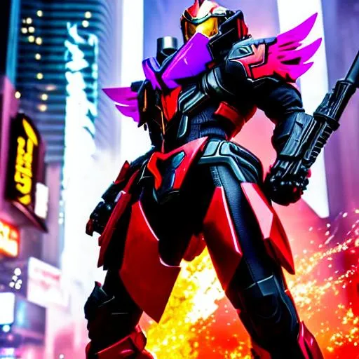 Prompt: Splash art of a cyberpunk Red Maverick Hunter in battle stance with a large purple sword, highly detailed, intricate, fantasy, sharp focus, elegant, Centered, Full shot