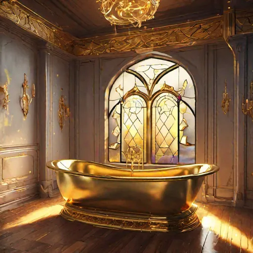 Prompt: golden basin bathtub with jewels on the side, wooden floor, stained glass window, concept art, epic lighting, finely-tuned, octane rendering