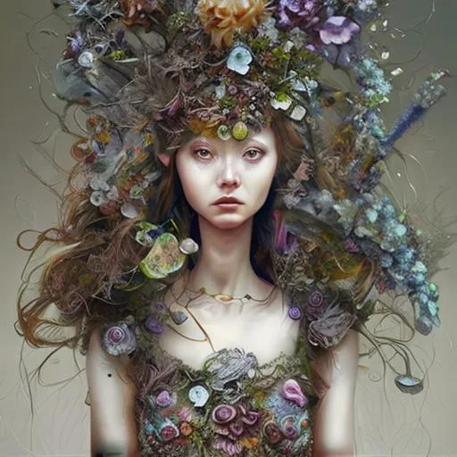 Prompt: Warrior goddess, imbued with whimsicality, wearing a petal dress, art by Shiro Amano, surreal and quirky, award-winning cgi 