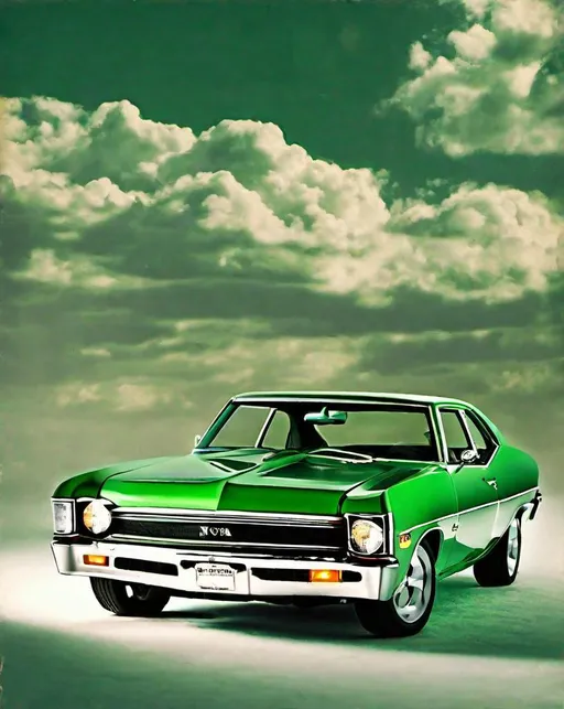 Prompt: Revive the spirit of the ((1970 Nova)) with a captivating image of this classic car model in green. Showcase its vintage charm and powerful design. Lighting: Classic spotlight enhancing the car's allure. Mood: A journey to the golden era of automobiles.