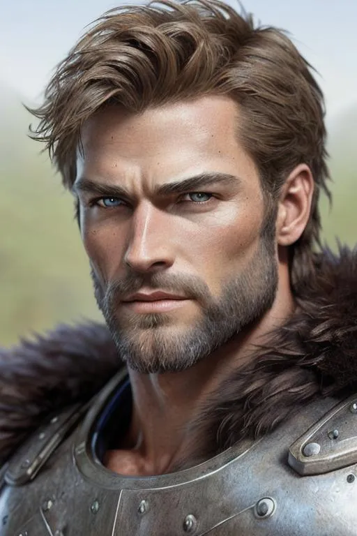 Realistic photo of a rugged male warrior, medium mus...