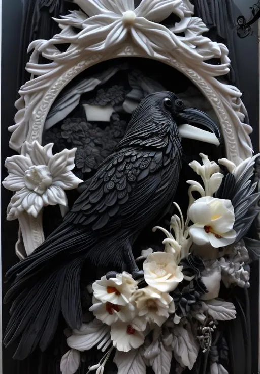 Prompt: One raven in front of an ivory cameo, black, white, surrounded by cosmo flowers, gladiolus flowers, gothic style