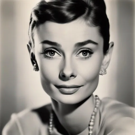 Prompt: photo realistic portrait of Audrey Hepburn, aged 25, centered in frame, facing camera, symmetrical face, ideal human, 85mm lens,f8, photography, ultra details, natural light, light background, photo, Studio lighting