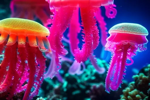 Prompt: Small Jellyfish colony, colourful great barrier reef, colourful coral fish, neon colours, mesmerising, photorealistic, 4k, vivid.