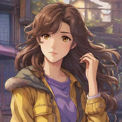 Prompt: Third person, gameplay, high quality, feminine man, shoulder length wavy brown hair, brown eyes, yellow and purple flannel with cuffed jeans, cool atmosphere, anime style, manga style, style of Studio Ghibli, detailed print by Hayao Miyazaki, 