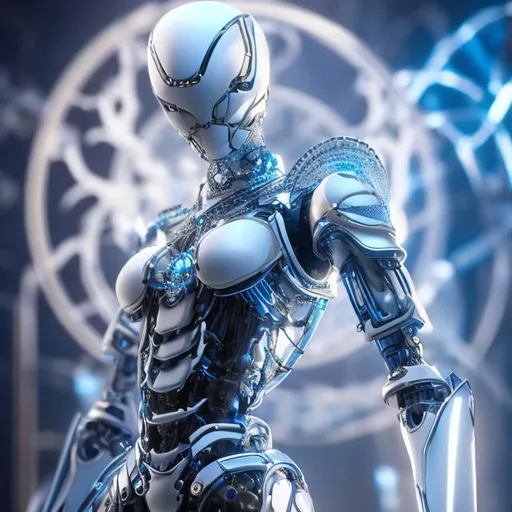 Prompt: Full body in the shot. Epic. ((Ultra-detailed depiction)). (Beautiful and aesthetic:1.2). a Skeleton Gynoid sorcerer ((robotic limbs)), Bald ((Hairless)), Porcelain Skin, White Skin, blue-within-blue colored eyes, Blank expression, exposed wiring. dynamic pose, highly detailed, masterpiece. realistic proportions, correct proportions, anatomically correct hands.