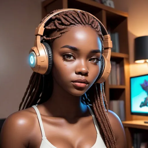 Prompt: 25-year-old African woman wearing light-up gaming headset with attached microphone, chocolate brown skin, deadpan expression, 桃花眼, black iris, epicanthic fold, full sienna lips, chubby cheeks, wide bridge button nose, no makeup, long black butterfly faux locs, detailed eyes, lips, hair, curvy overweight physique, grunge top, straight soft eyebrows, soft features, beauty marks, at home with anime figurines on bookshelf, dusk high-res, intense gaze, detailed, atmospheric lighting, close-up, realistic