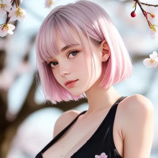 Prompt: Closeshot Side view of 18 years old cute and beautiful girl, open eyes,  armpit visible to viewer,  facial details, messy stray hair bob fringe pink and silver, slim body, f-cup size, {{{one arm raised up armpit visible}}},,snowry winter cherry blossoms, armpit, hyperdetail, 4k, 8k, sunny day, pastel soild and sharp colour, backlit, facial expression, realistic, high details,  hi res, photography, smooth pale white skin, skin texture, two arms raised up armpit chest visible,{{{ chest and bust visible, transparent bra}}}