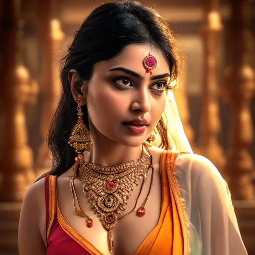 Prompt: Real picture in
 bright lighting, a hot woman  standing, full body 
, bare back, transparent wet white saree, bindi and bangles and mangalsutra, zoomed out, full body, detailed facial expression, inviting look, sexual tension, 
Deep cleavage. narrow Asian nose. Kissing apple.