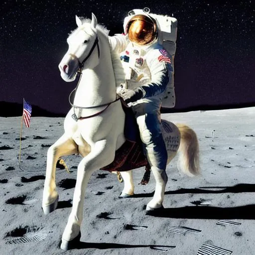 Prompt: Album cover of Joe Biden smiling and riding a white stallion on the moon. 