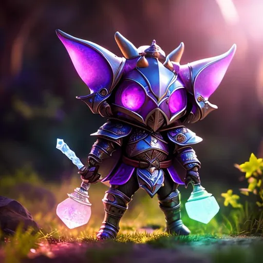 Prompt: Goblin, pots and pans armor, fantsy, playful, knight, adventure, outside background, purple skin, small, long ears, long nose, crystals, gems, magic, glow