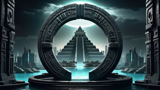 Prompt: magical portal between cities realms worlds kingdoms, circular portal, ring standing on edge, upright ring, freestanding ring, hieroglyphs on ring, complete ring, ancient aztec architecture, atlantis city plaza setting, panoramic view, dark night, futuristic cyberpunk tech-noir setting