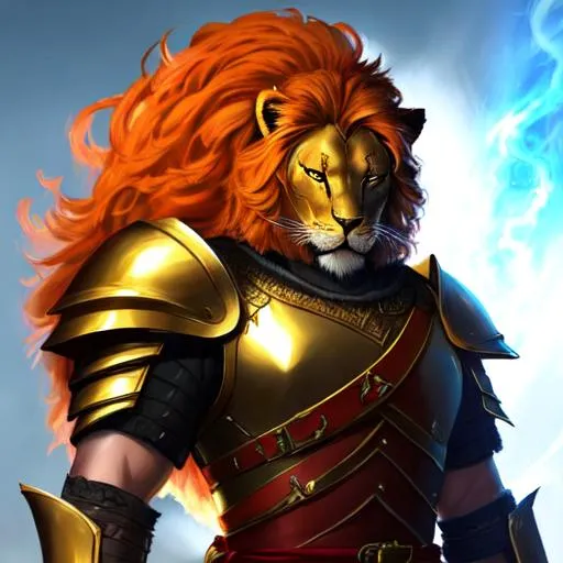 Prompt: A feline lion-man with a fiery mane. He wears an helmet covering his head. 
He is standing with a sword in the right hand, the sword is pointed down.
He has a shield on his back. It is clearly young. Well draw face. Detailed.
Magic the gathering art, rpg art, concept art 