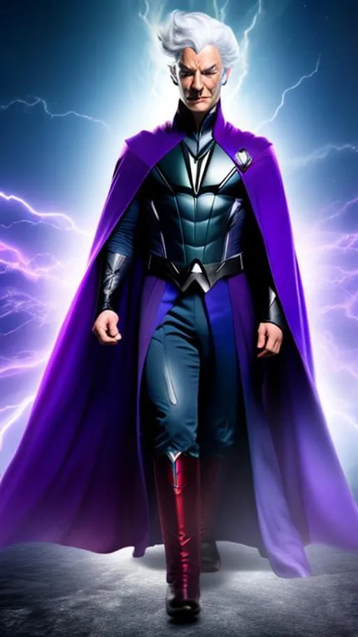 Prompt: High-resolution hyperrealistic photo of professor charles xavier merged with magneto, white hair, purple and blue costume, red cape uhd, hdr, 64k