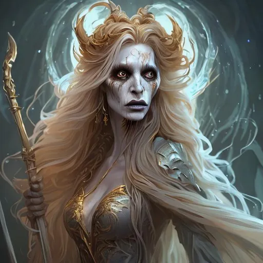 Prompt: Full body splash art portrait of a female undead sorceress casting a spell, very long honey golden hair with a fringe, wearing long light-colored iridescent pastel robes, carrying a wooden staff, D&D, fantasy, highly detailed, very sharp focus, digital painting, artstation, concept art, 4k, 8k