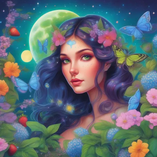 Prompt: A beautiful and colourful picture of Persephone with brunette hair and with a green Luna Moth, forget-me-not flowers, Baby's Breath flowers, a chickadee bird, animals and strawberry plants surrounding her, framed by the moon and constellations in a Lisa Frank art style. 