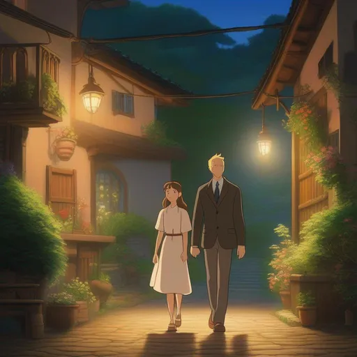 Prompt: ghibli characters based off of elizabeth olsen and paul bettany, scene from a ghibli movie, studio ghibli, consistent lighting and mood throughout
