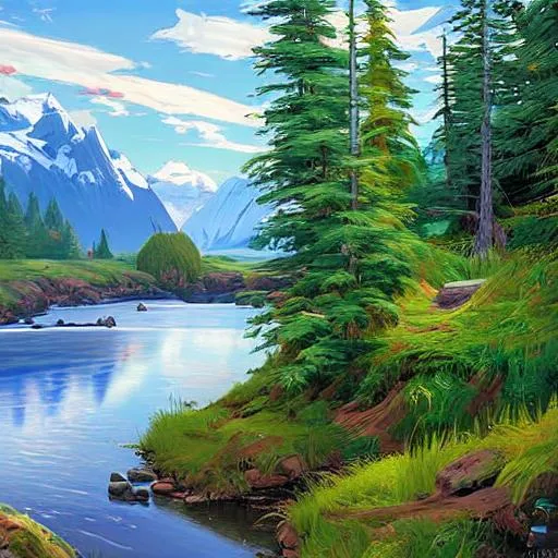 Prompt: A cartoon style alaska stream landscape with in the style of Peder Mork Monsted