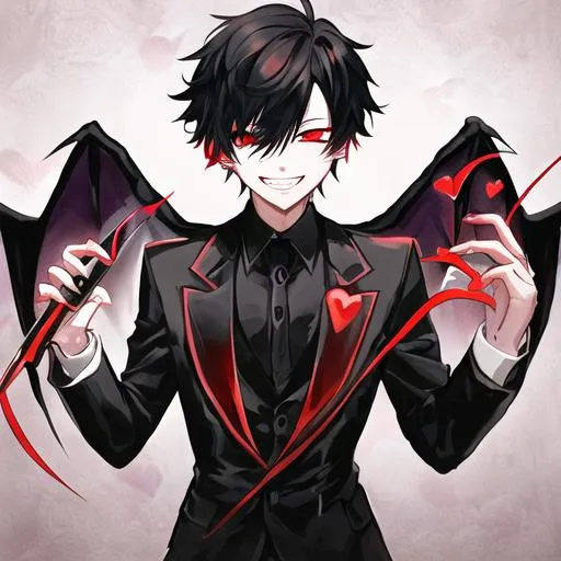 Prompt: Damien (male, short black hair, red eyes) grinning seductively, holding a knife, hearts around him
