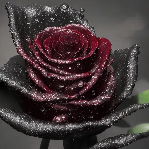Prompt: One of the most beautiful dark winered and black color rosebud with big raindrops, macro, dslr, realistic photo, high quality, very close, supermacro, best quality, side view, in backlight, in front of the sun, without leaves,  just opened, with supermacro objective, with falling drops, best contrast, best lights,