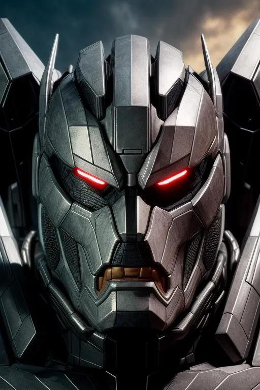 Prompt: A realistic face portrait of Megatron from Beast Wars in full robotic form. The subject is shown with intricate details and textures on the mechanical parts, angry expression, with a cybertron city background. The model is created using VFX and SFX techniques and is in the style of the Beast Wars TV series.