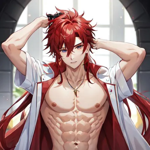Prompt: Zerif 1male (Red side-swept hair covering his right eye) shirtless