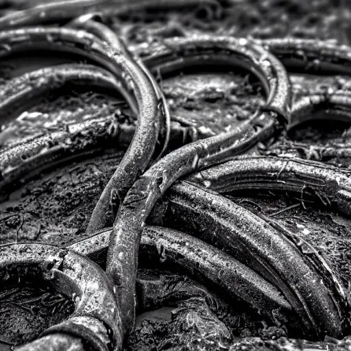 Prompt: realistic buried electrical cable sitting in mud black and white