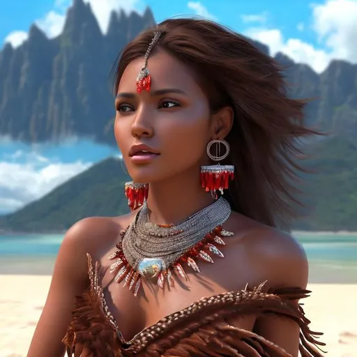 Prompt: HD 4k 3D professional modeling photo hyper realistic beautiful enchanting native hawaiian woman dark hair brown skin brown eyes gorgeous face traditional red and white dress and jewelry nature magical beach and mountains landscape hd background ethereal mystical mysterious beauty full body