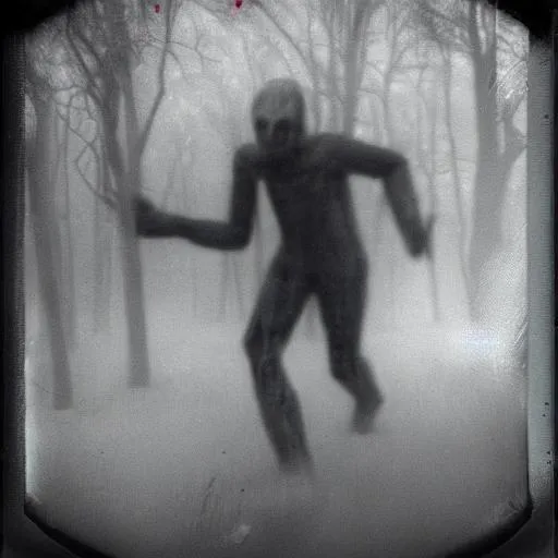 Prompt: eerie humanoid creature roaming a eerie wonderland, grainy polaroid, early technicolour image, photorealistic, Blurry, running at you, in the fog