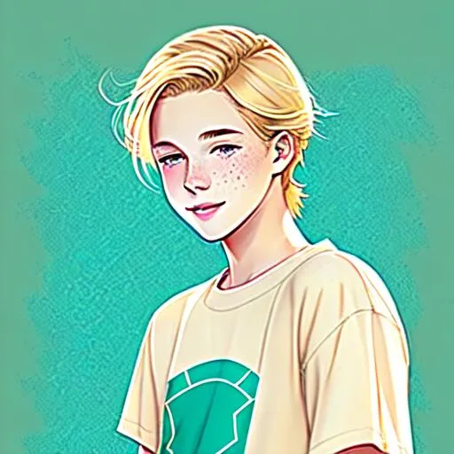 Prompt: Young Beautiful 13 year old blonde boy kid Cole Sprouse boyish soft boy pretty boy sweet endearing tender adorable boy freckles robust pronounced eyelashes bluegreen eyes, art, artstation, concept art, skater clothing